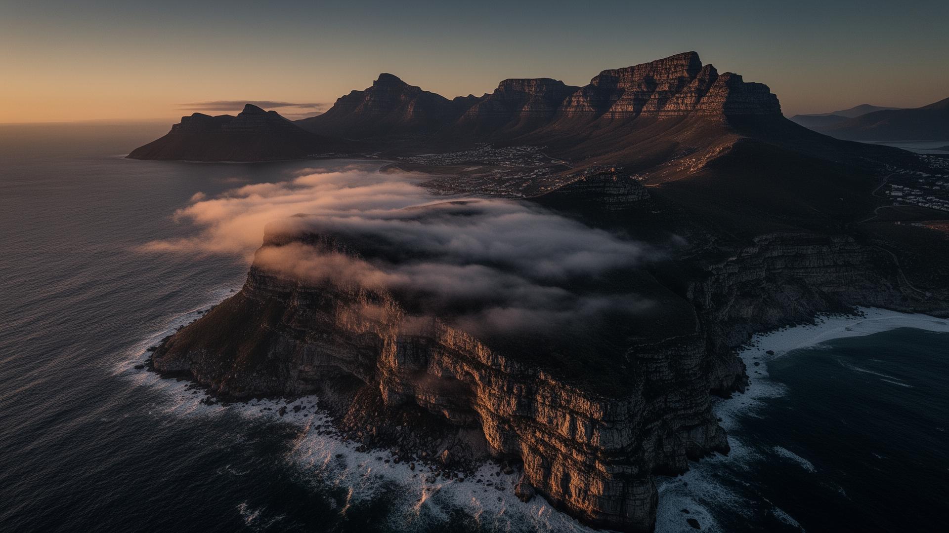 Cinematic aerial view of Cape Town cliffs at golden hour